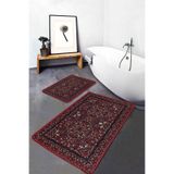 RealHomes Real Homes Kahverengi Kırmızı Zeminde Uşak Motifli El Dokuma Avangarde Vintage 2'li Banyo Mutfak Paspas Takımı