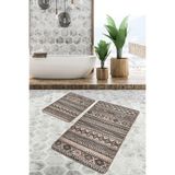 RealHomes Real Homes Kahverengi - Krem Zeminde Geleneksel Motifli Kilim Desenli Etnik 2'li Banyo & Mutfak Paspas Takımı