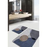 RealHomes Real Homes Kahverengi- Mavi Zeminde Kanvas Motifli Modern Sanat Bohem Sade Şık 2'li Banyo Mutfak Paspas Takımı