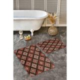 RealHomes Real Homes Kahverengi Zeminde Geleneksel Motifli Kilim Geometrik Etnik Motifler 2'li Banyo Mutfak Paspas Takımı