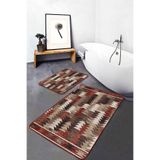 RealHomes Real Homes Kahverengi Zeminde Geometrik Motifli Etnik Desenli Etnik Eskitme Motifli 2'li Banyo Paspas Takımı
