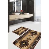 RealHomes Real Homes Kahverengi Zeminde Geometrik Motifli Kilim Vintage Etnik Motifler 2'li Banyo & Mutfak Paspas Takımı