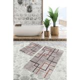 RealHomes Real Homes Kahverengi Zeminde Geometrik Motifli Örme Desenli Geometrik Eskitme Motifli 2'li Banyo Paspas Takımı