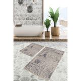 RealHomes Real Homes Kahverengi Zeminde Örme Motifli Eskitme Geometrik Eskitme Motifli 2'li Banyo & Mutfak Paspas Takımı