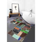 RealHomes Real Homes Kahverengi Zeminde Patchwork Motifli Etnik Vintage Eskitme Motifli 2'li Banyo & Mutfak Paspas Takımı