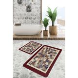 RealHomes Real Homes Kahverengi Zeminde Patchwork Motifli Etnik Vintage Etnik Motifler 2'li Banyo & Mutfak Paspas Takımı