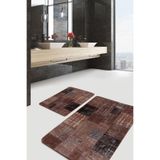 RealHomes Real Homes Kahverengi Zeminde Patchwork Motifli Vintage Vintage Eskitme Motifli 2'li Banyo Mutfak Paspas Takımı
