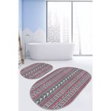 RealHomes Real Homes Kanaviçe Motifli Geyik Yılbaşı Temalı 2'li Oval Kaymaz Tabanlı Banyo & Mutfak Paspas Takımı