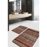 RealHomes Real Homes Kırmızı Kahverengi Zeminde Geleneksel Motifli Kilim Desenli Etnik Motifler 2'li Banyo Paspas Takımı