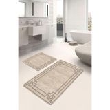 RealHomes Real Homes Krem Kahverengi Zeminde Çerçeveli Motifli Dokuma Avangarde Geometrik 2'li Banyo Mutfak Paspas Takımı