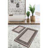 RealHomes Real Homes Krem - Kahverengi Zeminde Çerçeveli Motifli Geleneksel Vintage Avangarde 2'li Banyo Paspas Takımı