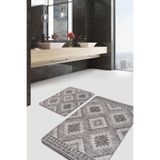 RealHomes Real Homes Krem - Kahverengi Zeminde Otantik Motifli Kilim Vintage Geometrik 2'li Banyo & Mutfak Paspas Takımı
