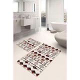 RealHomes Real Homes Krem - Kahverengi Zeminde Yöresel Motifli Geometrik Etnik Motifler Vintage 2'li Banyo Paspas Takımı