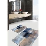 RealHomes Real Homes Lacivert Zeminde Yağlı Boya Motifli Modern Sanat Modern Sade & Şık 2'li Banyo & Mutfak Paspas Takımı