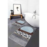 RealHomes Real Homes Mavi - Kahverengi Zeminde Geometrik Motifli Kanvas Desenli Geometrik Klasik 2'li Banyo Paspas Takımı