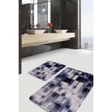 RealHomes Real Homes Mavi Zeminde Yağlı Boya Motifli Eskitme Desenli Modern Sade & Şık 2'li Banyo & Mutfak Paspas Takımı