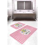 RealHomes Real Homes Pembe Ekose Welcome Temalı 2'li Banyo Halısı & Klozet Paspas Seti