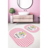 RealHomes Real Homes Pembe Ekose Welcome Temalı 2'li Oval Kaymaz Tabanlı Banyo Halısı & Klozet Paspas Seti