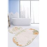 RealHomes Real Homes Pembe Zemin Yaprak Tasarımlı 2'li Oval Kaymaz Tabanlı Banyo Paspas Takımı & Klozet Paspas Seti