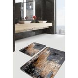 RealHomes Real Homes Siyah - Kahverengi Zeminde Eskitme Motifli Duvar Eskitme Motifli Vintage 2'li Banyo Paspas Takımı