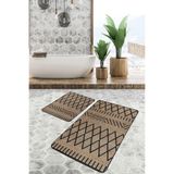 RealHomes Real Homes Siyah - Kahverengi Zeminde Hasır Motifli Etnik Geometrik Etnik Motifler 2'li Banyo Paspas Takımı