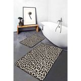 RealHomes Real Homes Siyah - Kahverengi Zeminde Leopar Motifli Deri Klasik Sade & Şık 2'li Banyo & Mutfak Paspas Takımı