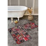 RealHomes Real Homes Siyah - Kırmızı Zeminde Patchwork Motifli Kanaviçe Vintage Floral 2'li Banyo & Mutfak Paspas Takımı