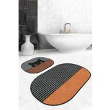 RealHomes Real Homes Turuncu Çizgili Kedi Motifli 2'li Oval Kaymaz Tabanlı Banyo Mutfak Paspas Takımlı Klozet Seti
