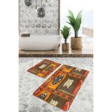 RealHomes Real Homes Turuncu Kahverengi Zeminde Mask Motifli Afrika Desenli Etnik Motifler Bohem 2'li Banyo Paspas Takımı