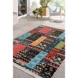 RealHomes Rengarenk Zeminde Patchwork Motifli Kilim Desenli Vintage Yatak Odası Koridor & Antre Saçaklı Halı HaliDik-Deluxe-11932, 80 x 200