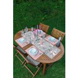 RealHomes Renkli Zeminde Flamingo Desenli Yaprak Motifli 1 Adet Runner & 4 Adet Pembe Renkli Amerikan Servis