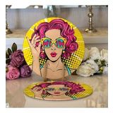 RealHomes Sarı Zeminli Pop Art Girl Desenli Modern 2 1 Yuvarlak Servis Altlığı Supla