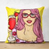 RealHomes Sarı Zeminli Popart Girl Desenli Çift Taraflı Dekoratif Süet Yastık Kırlent Kılıfı