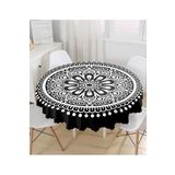 RealHomes Siyah Beyaz Çiçek Desenli Mandala Motifli Yuvarlak Masa Örtüsü - Çap 140cm, MasaYuv-5138-140x140cm