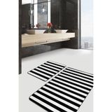 Realhomes Siyah Beyaz Düz Çizgili Özel Tasarım 2'li Kaymaz Tabanlı Banyo & Mutfak Paspas Takımı