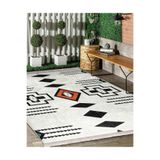 RealHomes Siyah - Beyaz Zeminde Geometrik Motifli Kilim Desenli Geometrik Vintage Kaymaz Taban Saçaklı Halı HaliDik-Deluxe-12072, 80 x 350