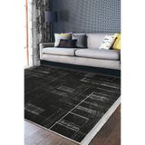 RealHomes Siyah - Beyaz Zeminde Siyah Motifli Kilim Desenli Sade & Şık Klasik Kaymaz Taban Saçaklı Halı HaliDik-Deluxe-11868, 80 x 250