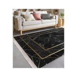 RealHomes Siyah Gold Zemin Çerçeveli Motifli Altın Desenli Geometrik Klasik Salon & Oturma Odası Saçaklı Halı HaliDik-Deluxe-11762, 80 x 120