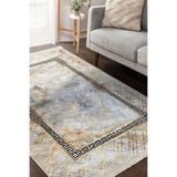 RealHomes Siyah Gold Zeminde Çerçeveli Motifli Mermer Desenli Geometrik Oturma Odası Kaymaz Taban Saçaklı Halı HaliDik-Deluxe-11448, 80 x 150