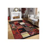 RealHomes Siyah - Kırmızı Zeminde Patchwork Motifli Etnik Desenli Vintage Etnik Motifler Kaymaz Saçaklı Halı HaliDik-Deluxe-11441, 180 x 180