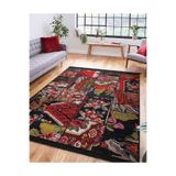 RealHomes Siyah - Kırmızı Zeminde Patchwork Motifli Kanaviçe Desenli Vintage Floral Salon Kaymaz Saçaklı Halı HaliDik-Deluxe-11066, 80 x 300