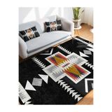 RealHomes Siyah Zemin Etnik Motif Geleneksel Desenli Geometrik Etnik Motifler Salon Kaymaz Taban Saçaklı Halı HaliDik-Deluxe-12064, 120 x 180
