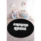 Realhomes Siyah Zemin Üzerinde Gaming Room Temalı Yıkanabilir Yuvarlak Çocuk Odası Halısı
