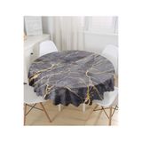RealHomes Siyah Zemin Üzerinde Gold Detaylı Mermer Desenli Modern Yuvarlak Masa Örtüsü - Çap 140cm, MasaYuv-8145-140x140cm
