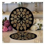 RealHomes Siyah Zeminde Gold Mandala Motifli Modern 2 1 Yuvarlak Servis Altlığı Supla
