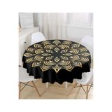 RealHomes Siyah Zeminde Gold Mandala Motifli Yuvarlak Masa Örtüsü Çap 140 cm, MasaYuv-5134-140x140cm
