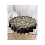 RealHomes Siyah Zeminde Gold Mandala Motifli Yuvarlak Masa Örtüsü - Çap 140cm, MasaYuv-5123-140x140cm