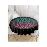 RealHomes Siyah Zeminde Pembe Yeşil Mandala Motifli Yuvarlak Masa Örtüsü - Çap 140cm, MasaYuv-5144-140x140cm