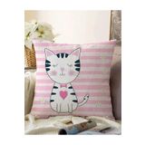 RealHomes So Sweet Pembe Çizgili Sevimli Kedi Modern Çift Taraflı Raşel Örme Yastık Kırlent Kılıfı, Sonil-K-5675-55x55cm