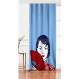 RealHomes Tek Kanat Kırmızı Yelpazeli Mavi Zeminli Japon Kadın Modern Dijital Baskılı Fon Perde